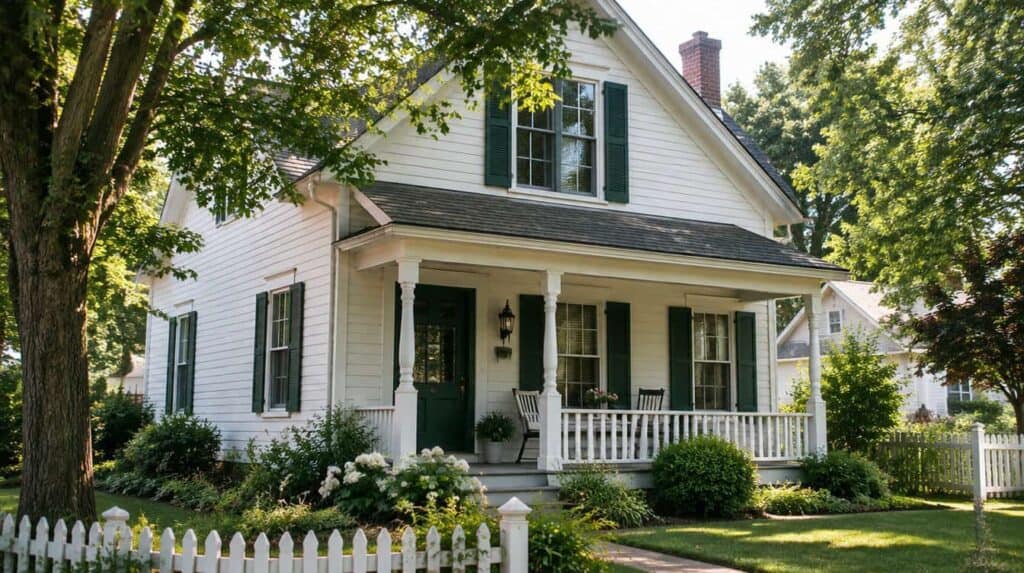 Older wood-sided home repainted in warm white with dark green shutters and a covered porch in Benton