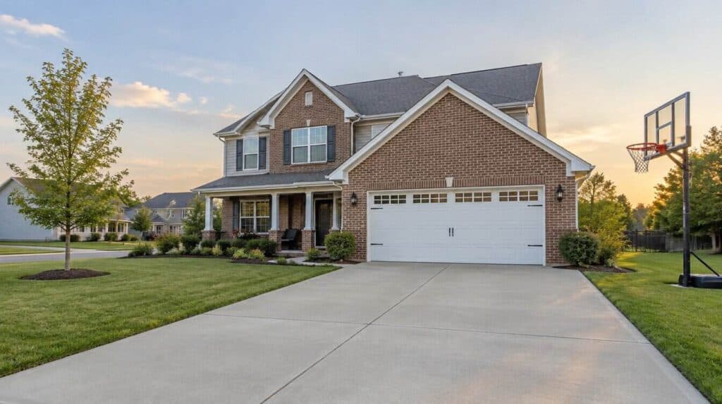 Brick and greige suburban home with a wide driveway and freshly painted garage door and trim in Cabot