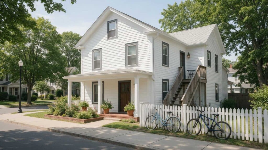 Older two-story rental house near campus, repainted in durable warm white with dark trim, in Conway