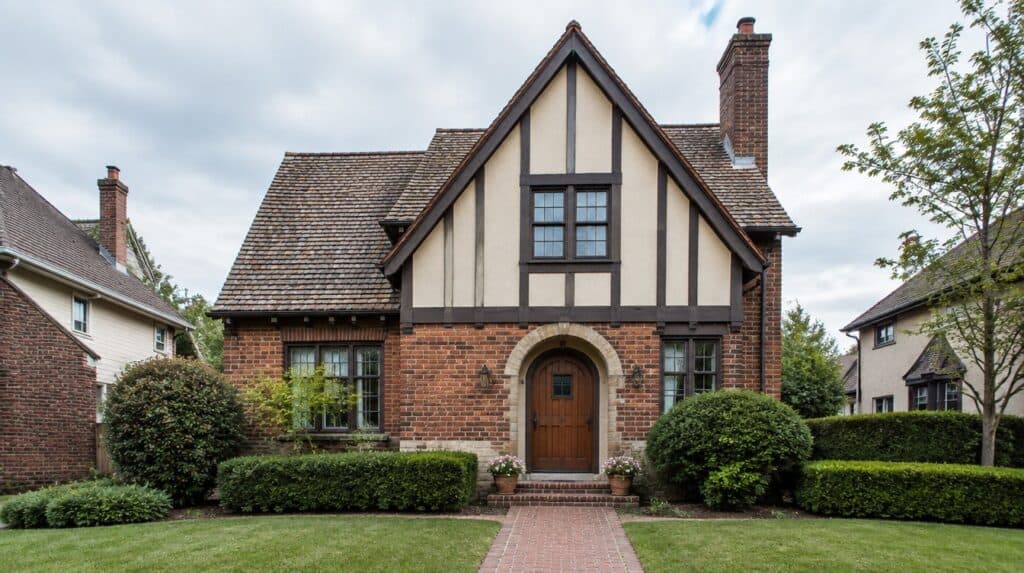 Tudor Revival home with half-timbering and an arched door, freshly painted trim, in North Little Rock